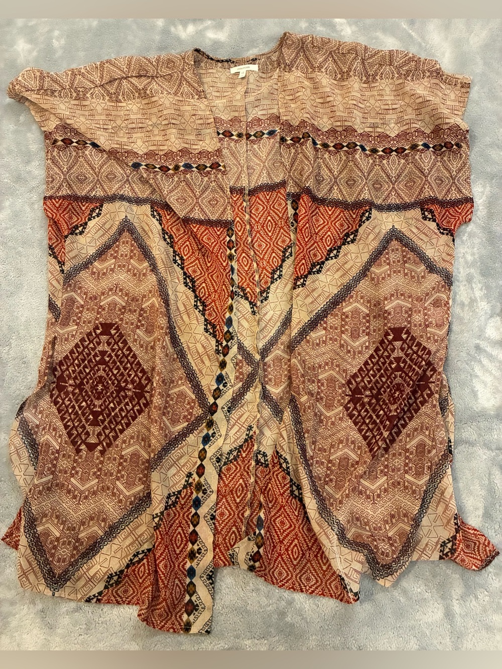 Women's Maurices Short Sleeve Open Front Boho Kimono Print Top Rust One Size